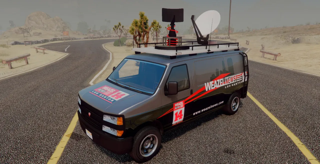 Weazel Van in black news livery with a roof satellite dish and camera mast, front three-quarter in FiveM