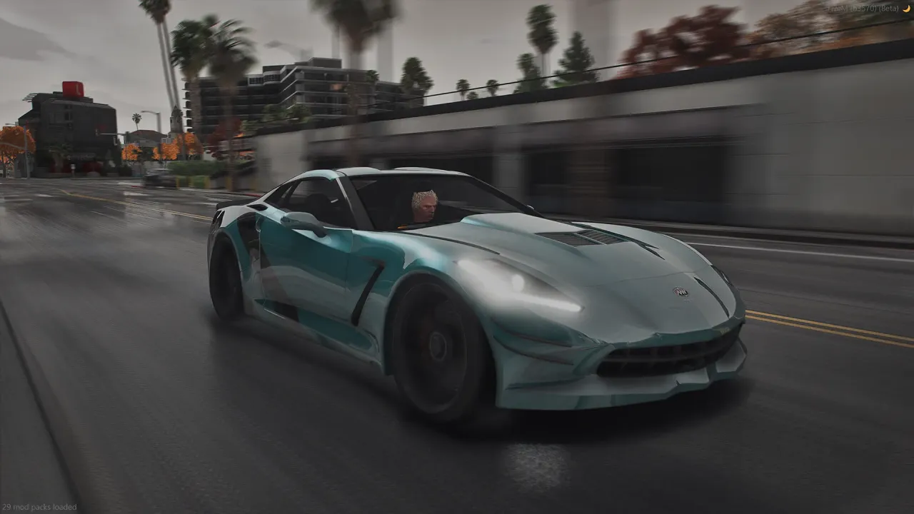 Invetero Coquette Z7 in teal and silver livery driving on a wet city road, front three-quarter view