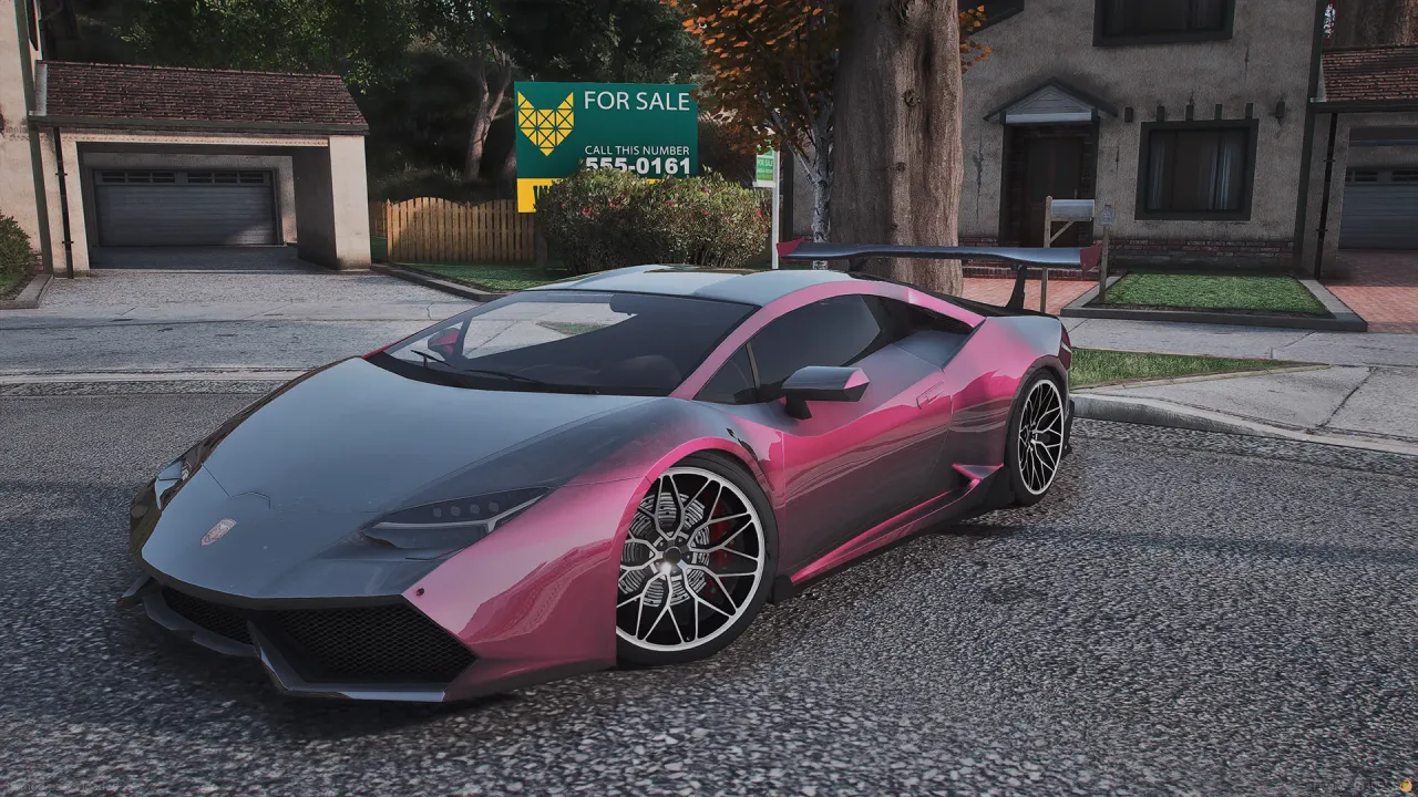 Pegassi Tempesta FiveM supercar in pink and grey two-tone parked on a suburban street by a for sale sign