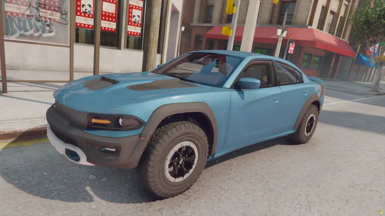 Dodge TRX Offroad 2021 FiveM lifted sedan in blue with all-terrain tires, front three-quarter view downtown
