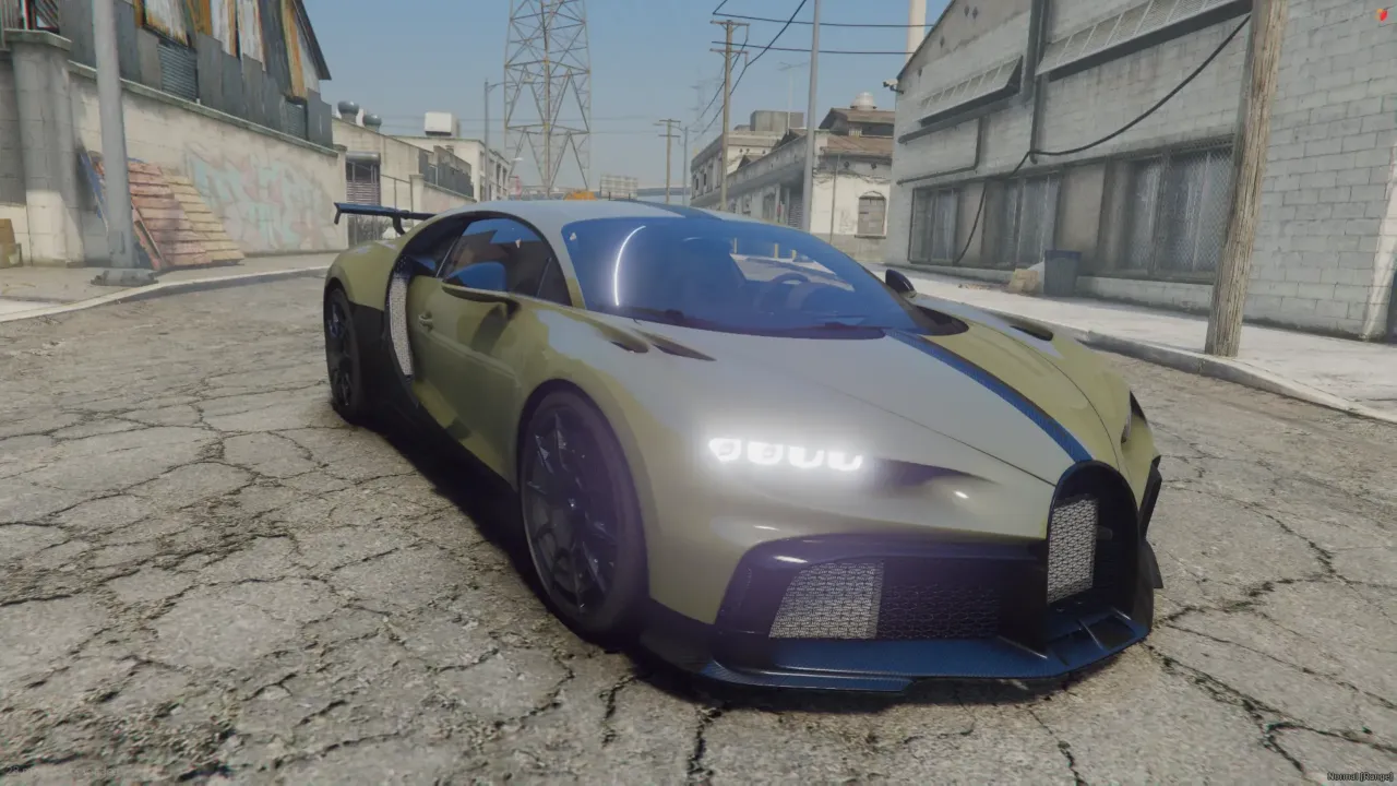 Bugatti Chiron 2016 FiveM car in olive with black accents and headlights on, front view on a cracked street