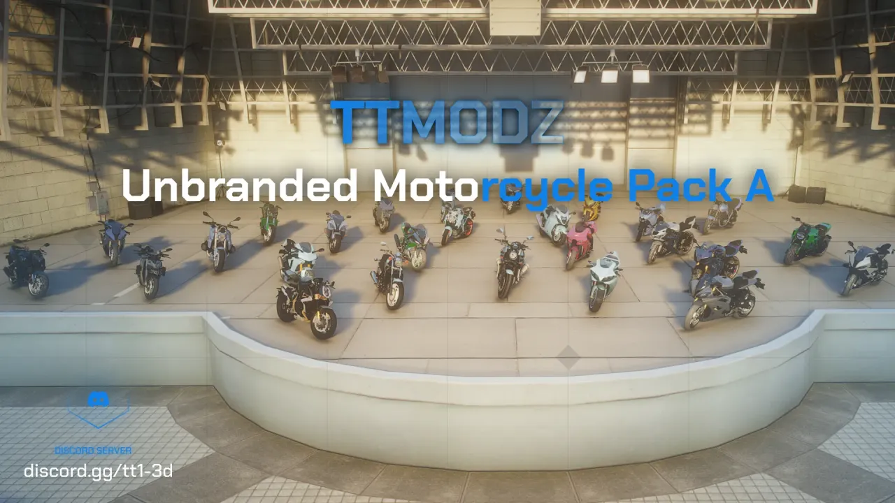 Unbranded Motorcycle Pack A cover with rows of sport bikes on a curved showroom stage, a fivem bike pack lineup