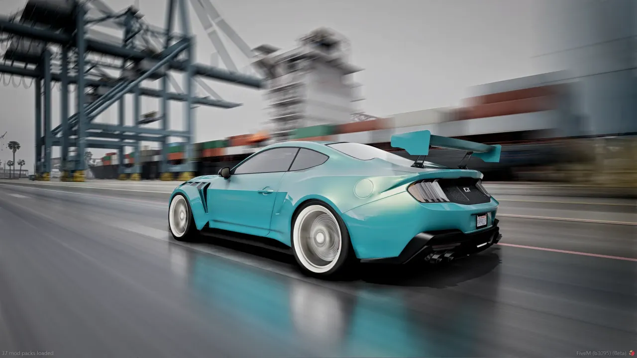 Vapid Dominator Black GT 24 in teal with a swan-neck wing, a fivem vapid dominator speeding past harbour cranes