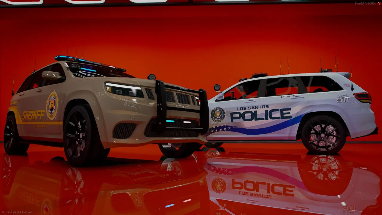 Canis Seminole Hellfire XL FiveM police SUVs in tan sheriff and white Los Santos Police liveries in a red garage