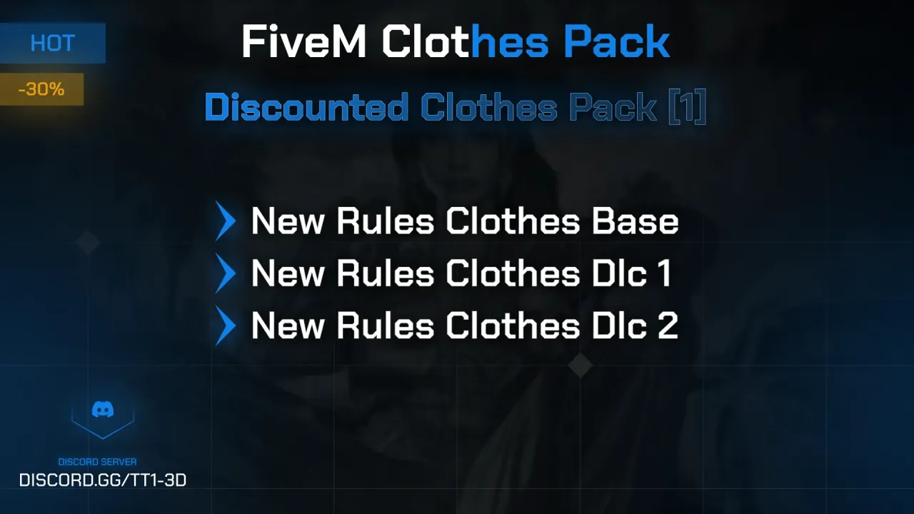 Discounted Clothes Pack cover bundling the Clothes Base, Dlc 1 and Dlc 2 sets at 30 percent off for FiveM