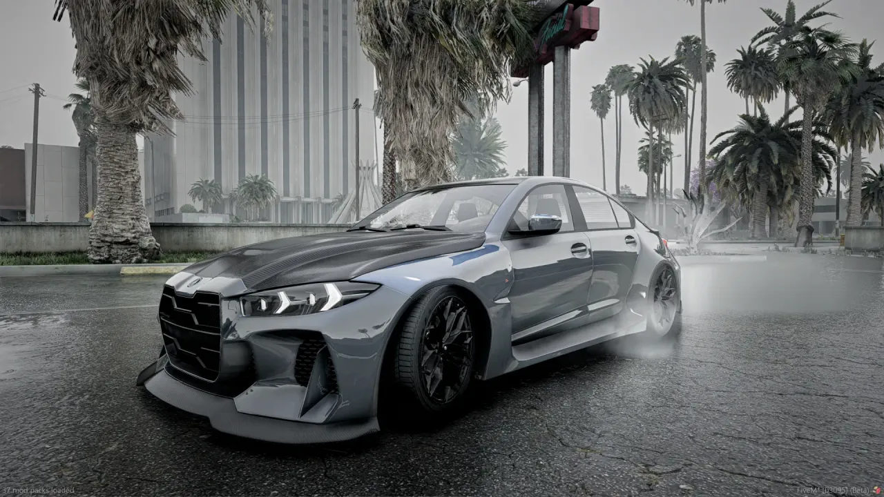 Sentinel TTS in gunmetal grey with a carbon hood, front three-quarter view on a wet street lined with palm trees