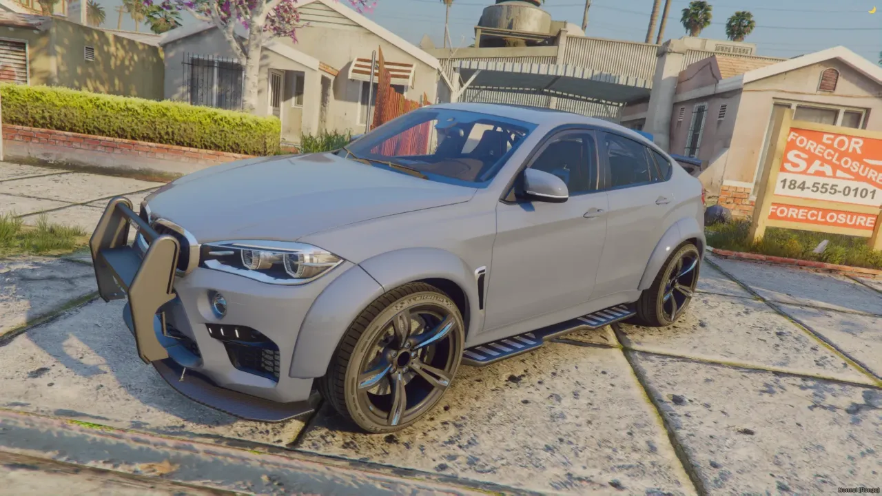 BMW X6 FiveM pit SUV in grey with a push bar beside a foreclosure sale sign in a suburb