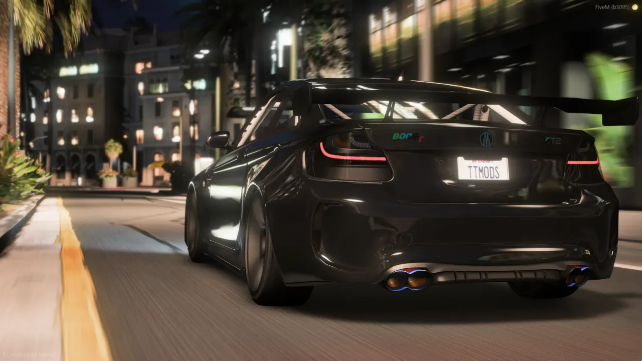 Cypher T2 FiveM car in black with a rear wing and blue-tipped exhausts, rear view on a palm-lined street at night
