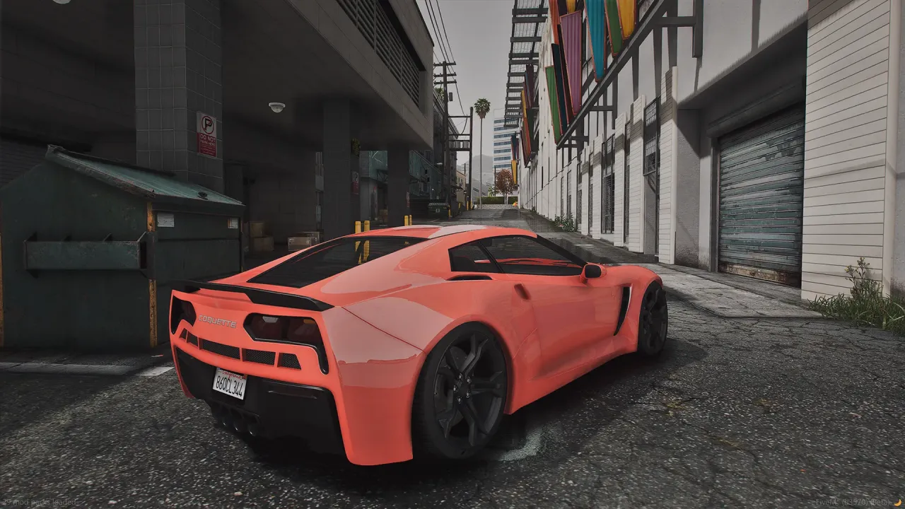Invetero Coquette Z7 FiveM sports car in coral orange with black wheels, rear three-quarter view in a back alley
