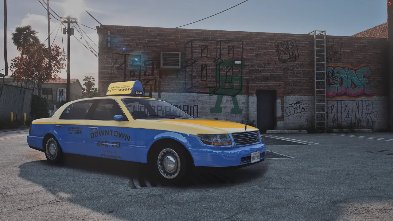 Taxi Albany Washington in yellow and blue cab livery, a FiveM sedan parked by a graffiti brick wall