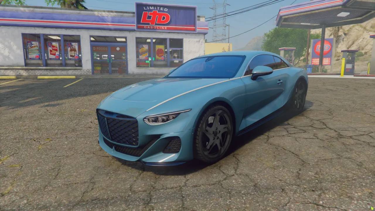 Bentley Batur FiveM and GTA5 coupe in metallic teal with a white side stripe, outside a gas station