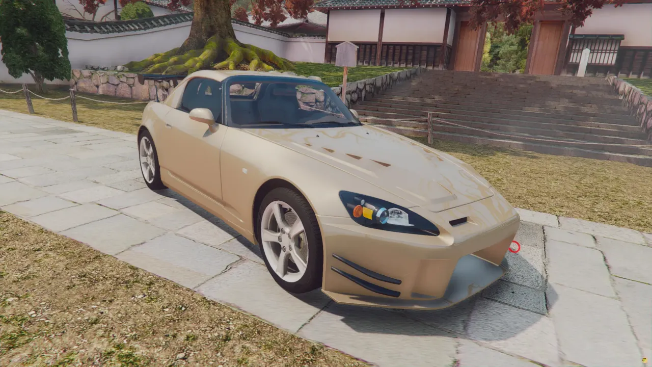 Honda S2000 AP2 2007 FiveM roadster in champagne gold with a hardtop, front three-quarter on a stone temple path