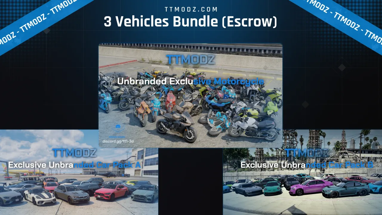 3 Vehicles Bundle cover, a FiveM premium car pack showing a motorcycle preview above two car pack tiles