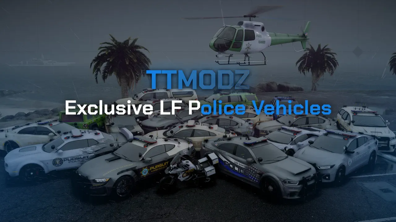 Exclusive Lore-Friendly Police Vehicles cover, a fivem lspd car pack of grey patrol cars, a police bike and helicopter