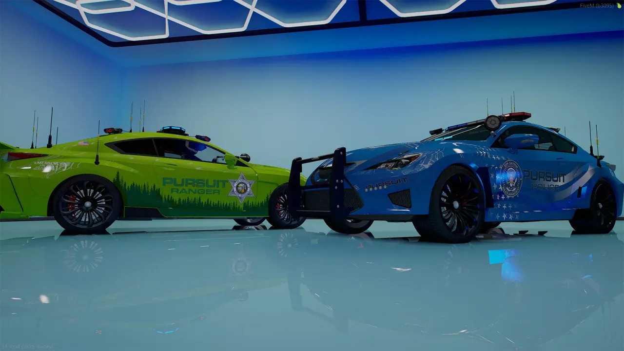 Emperor Vectre FiveM police coupes in lime green Pursuit Ranger and blue Pursuit liveries in a blue garage