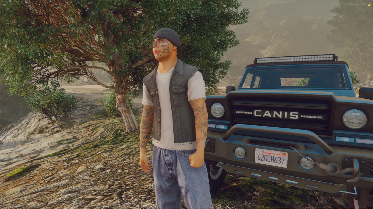 Salvagoon in a beanie, leather vest and jeans standing by an off-road truck among the woods in FiveM