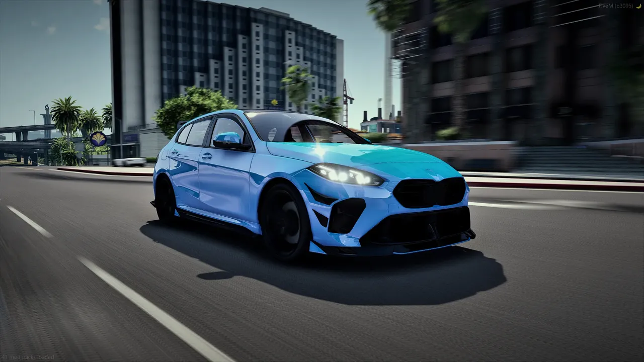 BMW M135i (F40) FiveM hatchback in light blue wrap driving on a city street, front three-quarter view