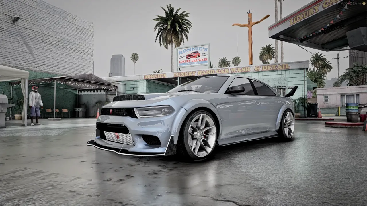 Buffalo TTX FiveM car in silver with a front splitter and multi-spoke wheels at a palm-lined car wash