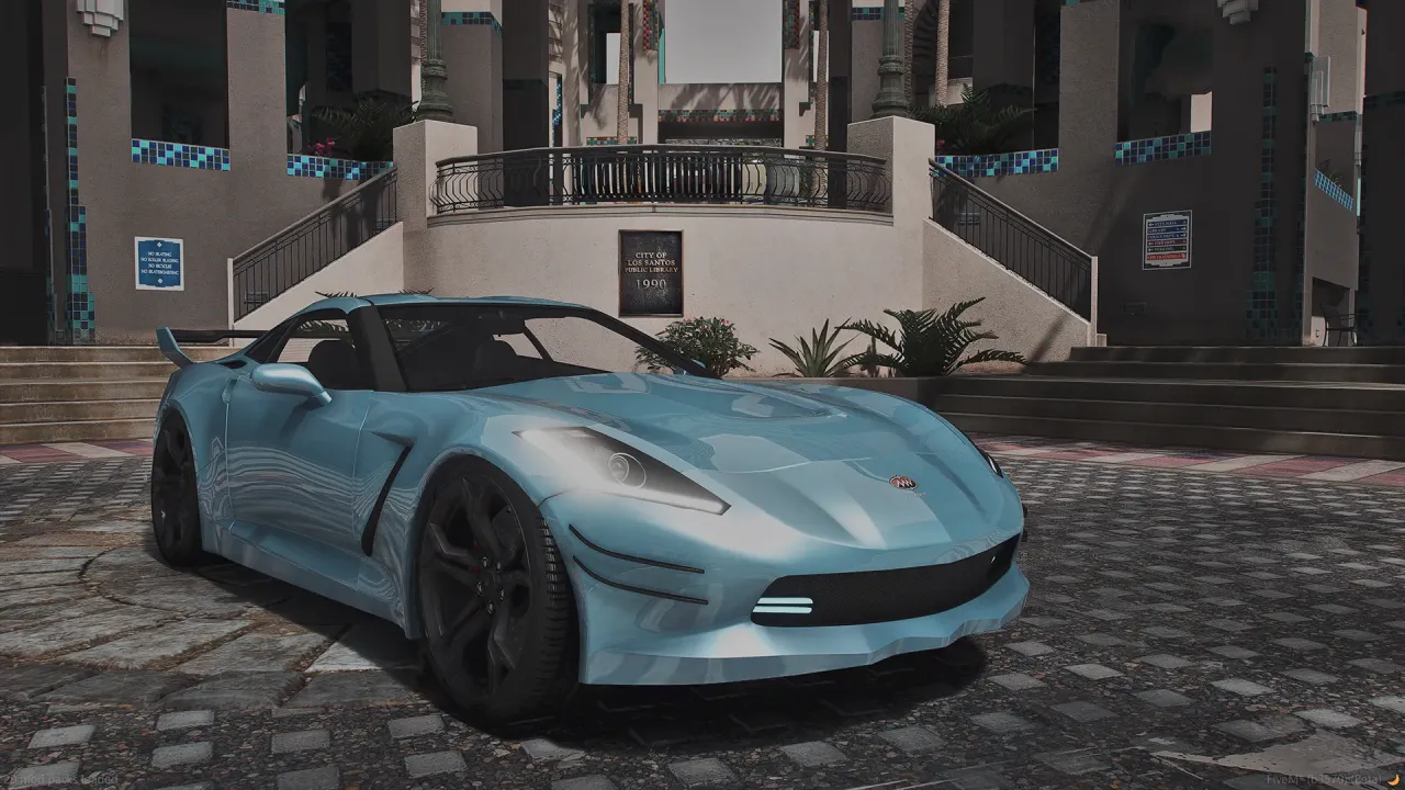 Invetero Coquette Z7 in pale blue with rear spoiler, a fivem invetero coquette parked on a paved plaza