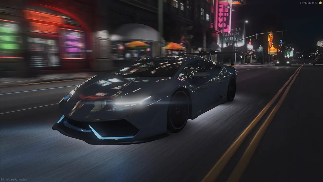 Pegassi Tempesta in dark grey with blue underglow driving down a neon-lit city street at night