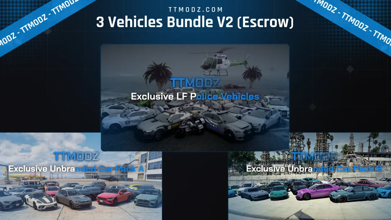 3 Vehicles Bundle V2 cover for a FiveM police car bundle, a helicopter above patrol cars and two pack previews