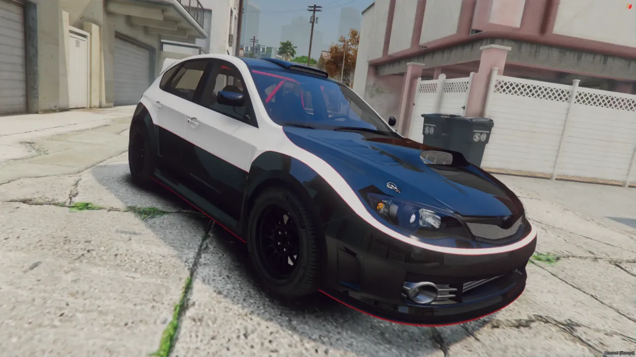 Subaru WRX 2024 FiveM hatchback in white and black two-tone with pink pinstripe trim in a narrow alley