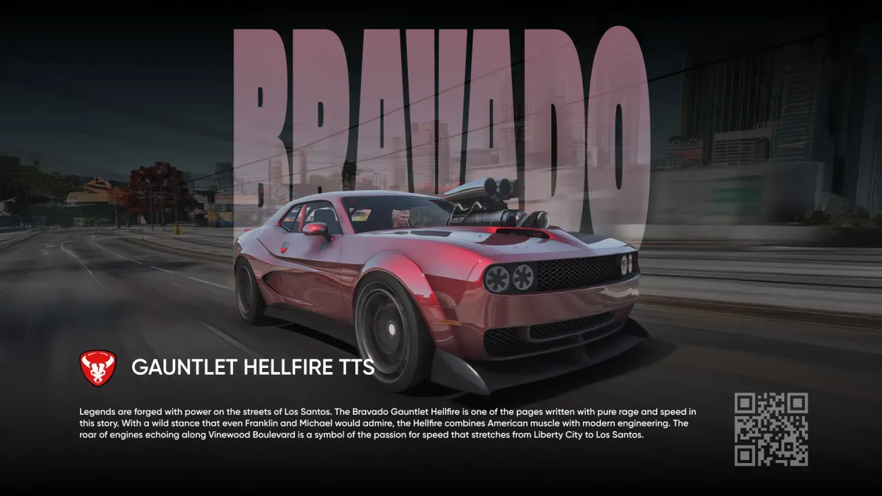 Bravado Gauntlet Hellfire TTS cover with a red widebody fivem gauntlet hellfire and blower engine on a city road