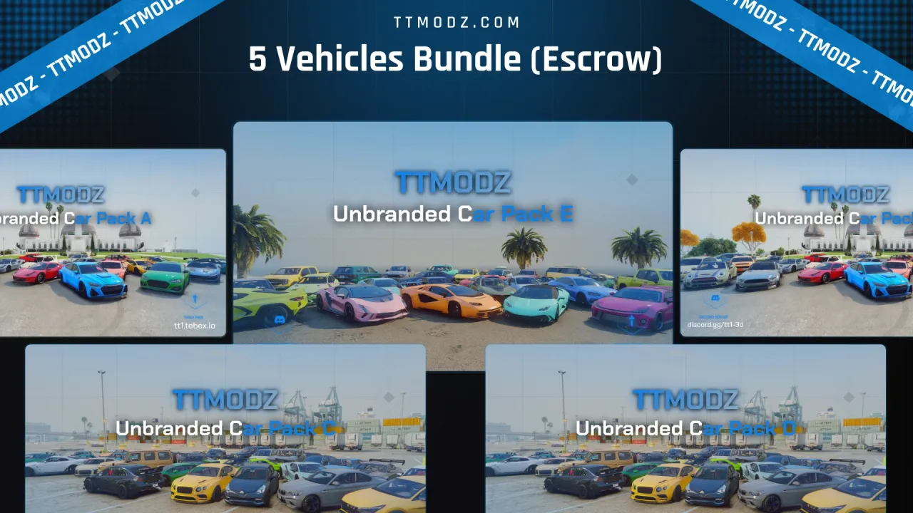 5 Vehicles Bundle cover, a FiveM 250 car pack collage of five pack previews filled with colorful supercars