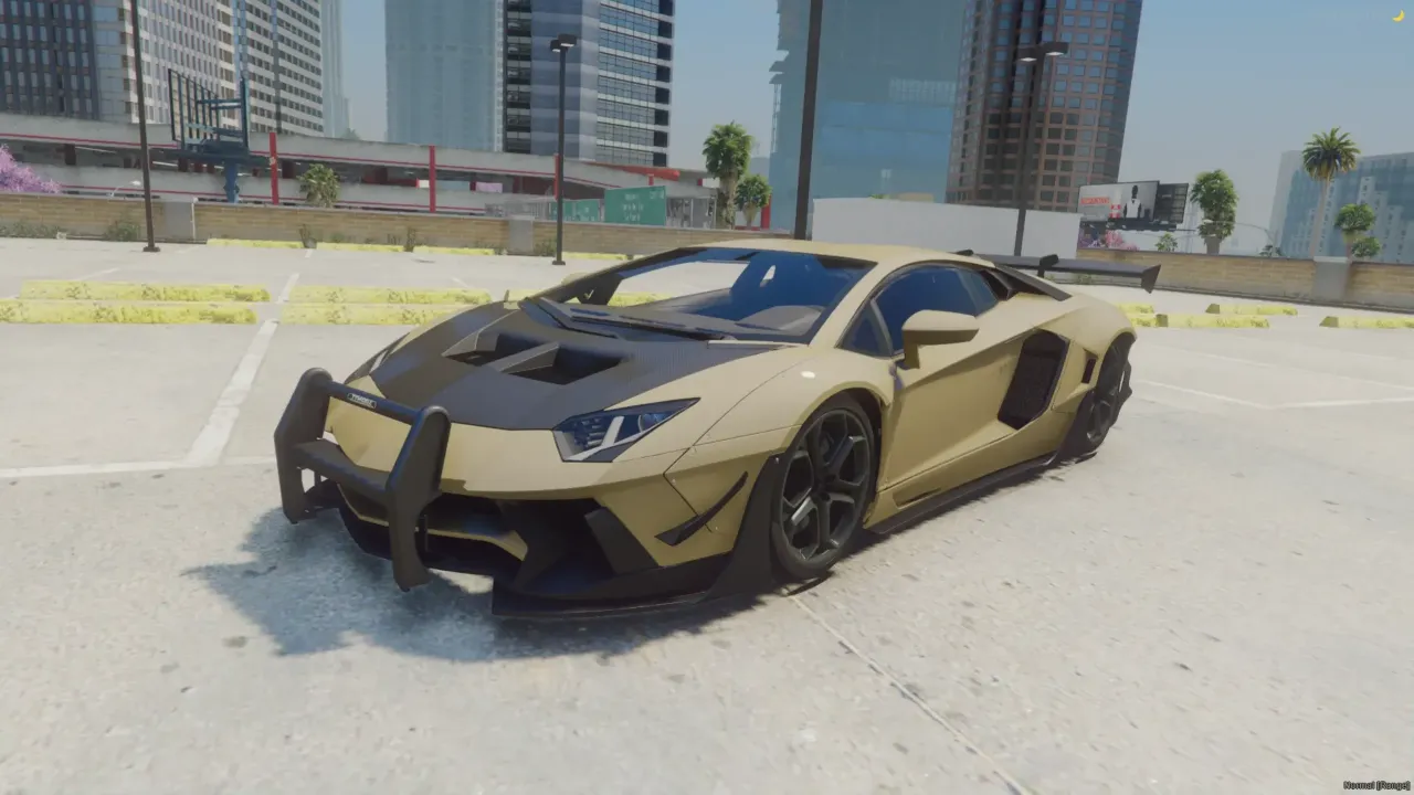 Lamborghini Aventador LP 700 2012 FiveM pit car in sand gold with a carbon hood on a rooftop car park