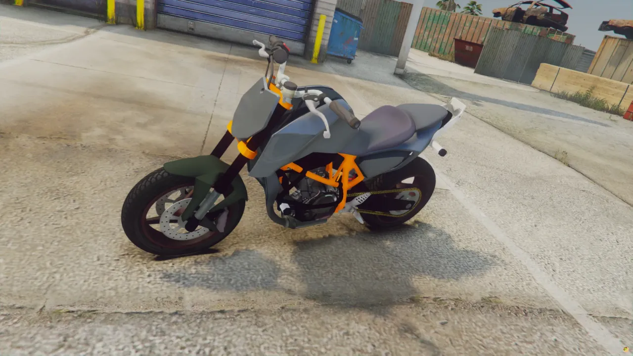 Sanchez V1 2021 FiveM naked bike in grey with orange trellis frame in a lot by garage doors