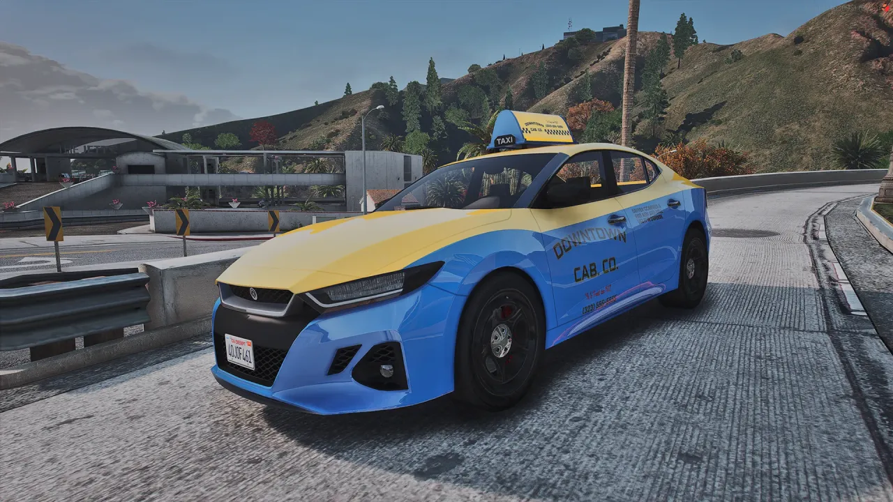 Taxi Annis Minimus in blue and yellow cab livery, a FiveM sedan seen front three-quarter on a hillside road