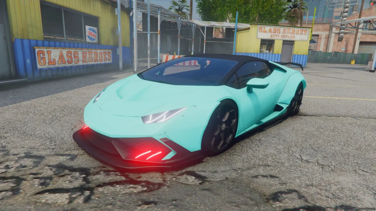 2018 Lamborghini Huracan LP580-2 FiveM car in mint with red-lit front vents outside a glass repair shop