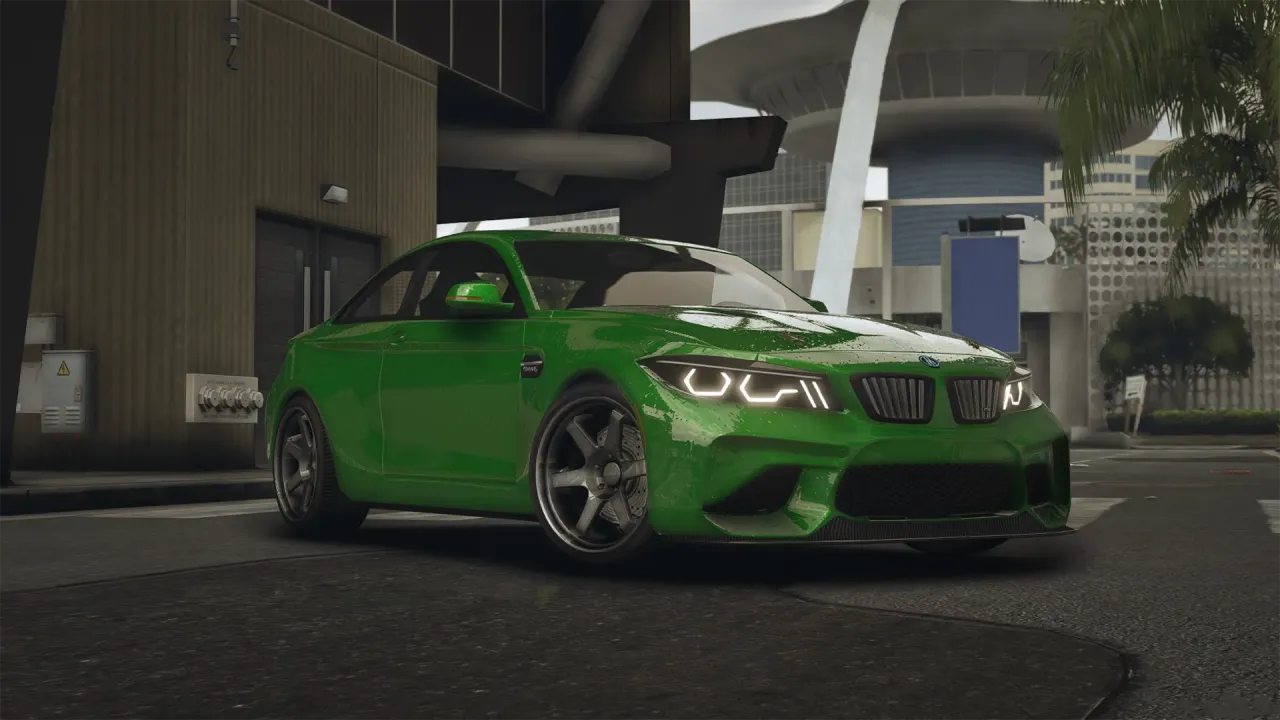 Cypher T2 in bright green, a fivem ubermacht cypher coupe parked front three-quarter by a modern building