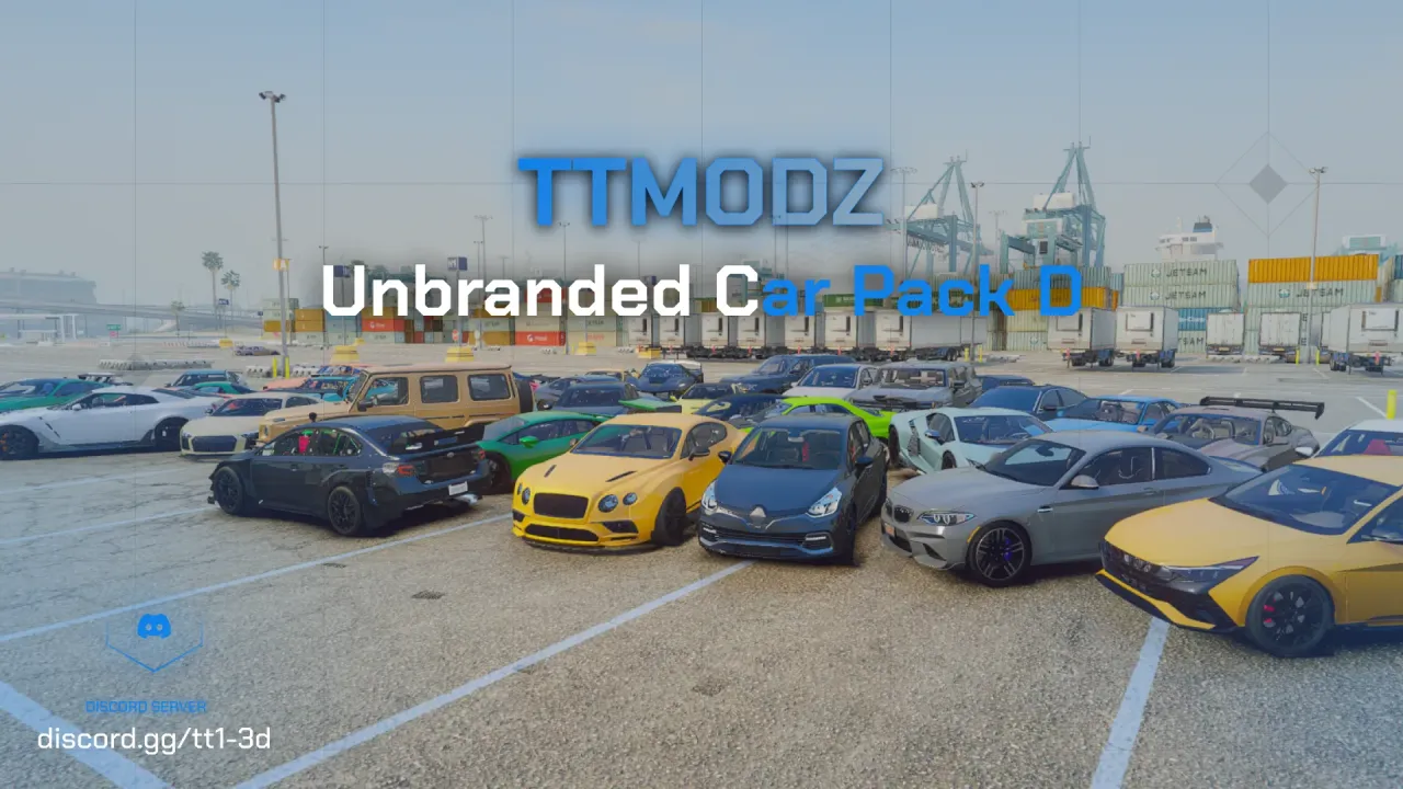Unbranded Car Pack D cover showing fivem cars for sale lined up in a harbour parking lot with shipping containers