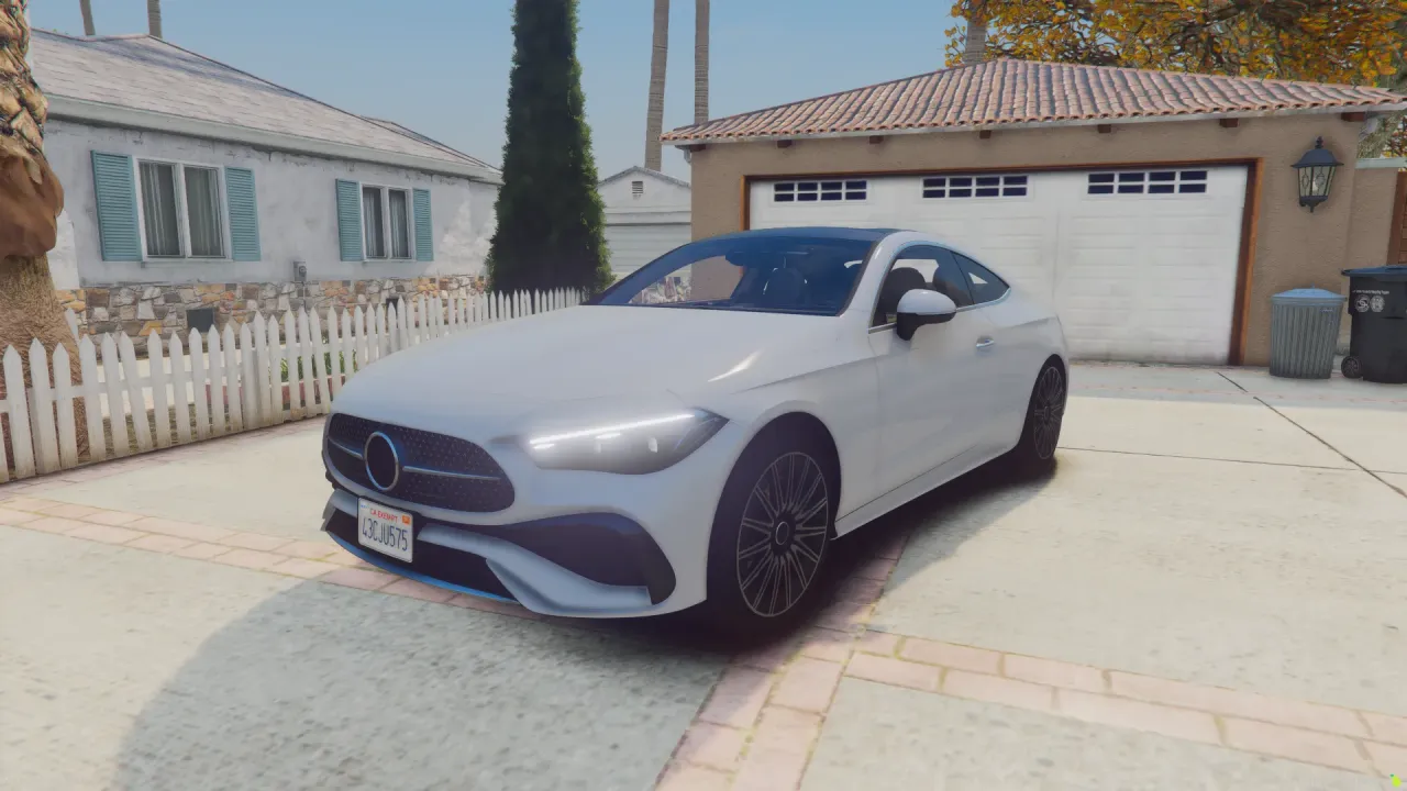 Mercedes-Benz C24 Coupe FiveM model in white with headlights lit, front three-quarter on a driveway