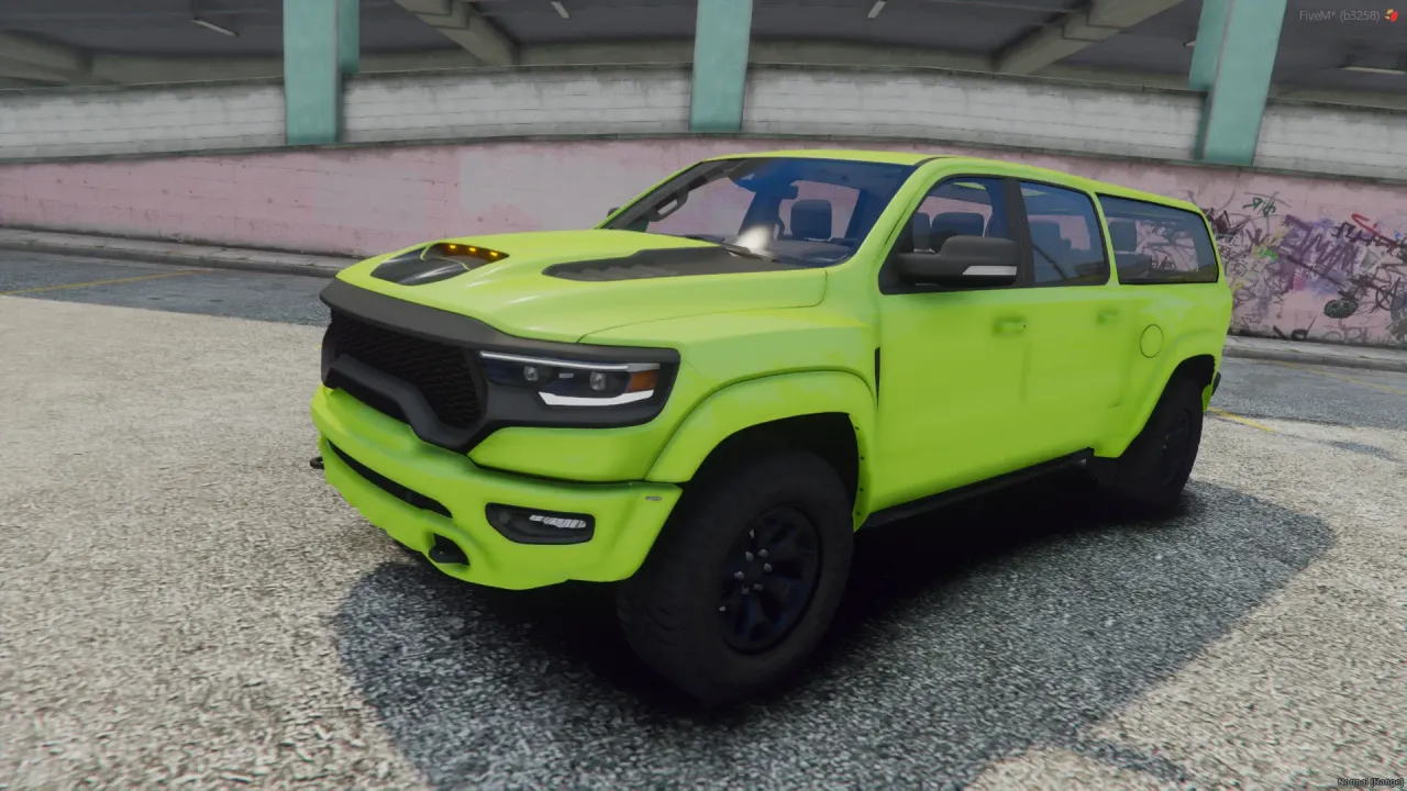 Ram TRX 2021 FiveM truck in lime green with a bonnet scoop and black wheels under a concrete overpass