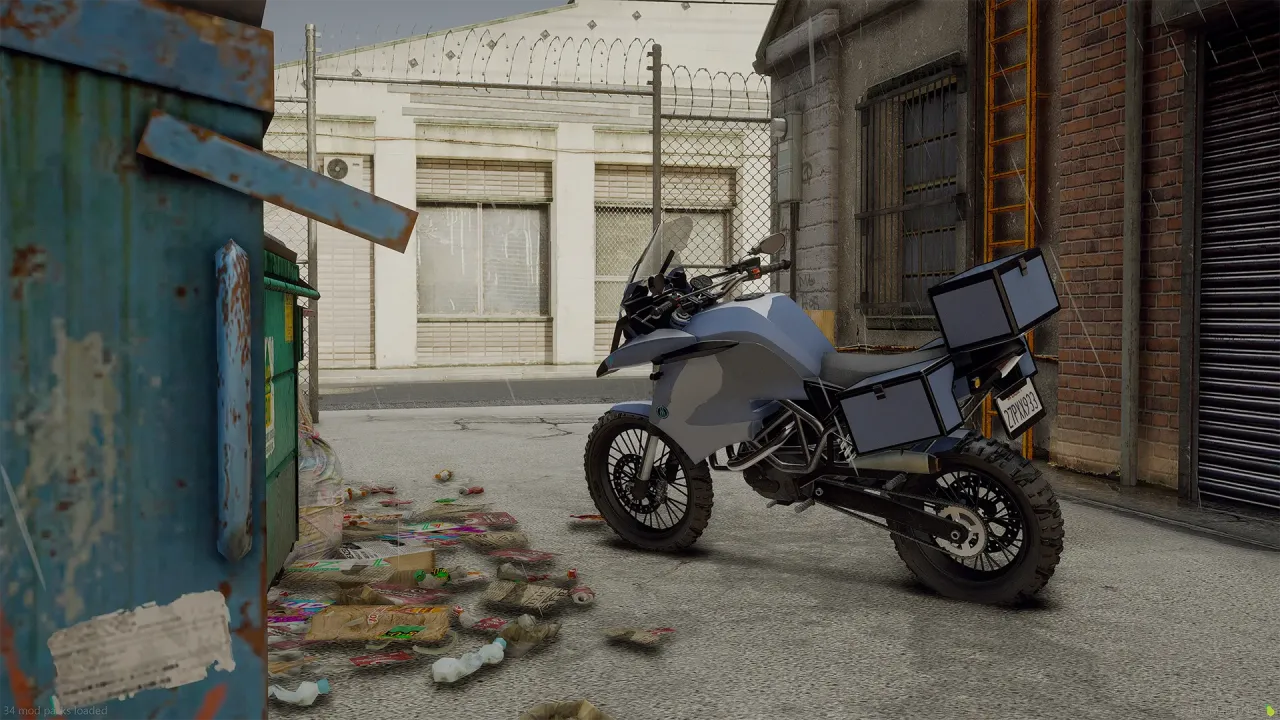 Ubermacht 1130 TTS FiveM motorcycle in blue-grey with side cases parked in a littered back alley