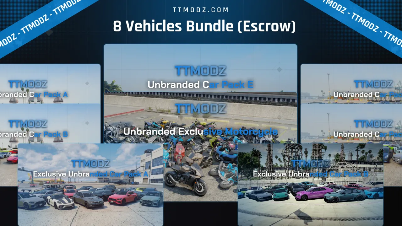 8 Vehicles Bundle cover, a FiveM car pack bundle collage built from car and motorcycle pack previews