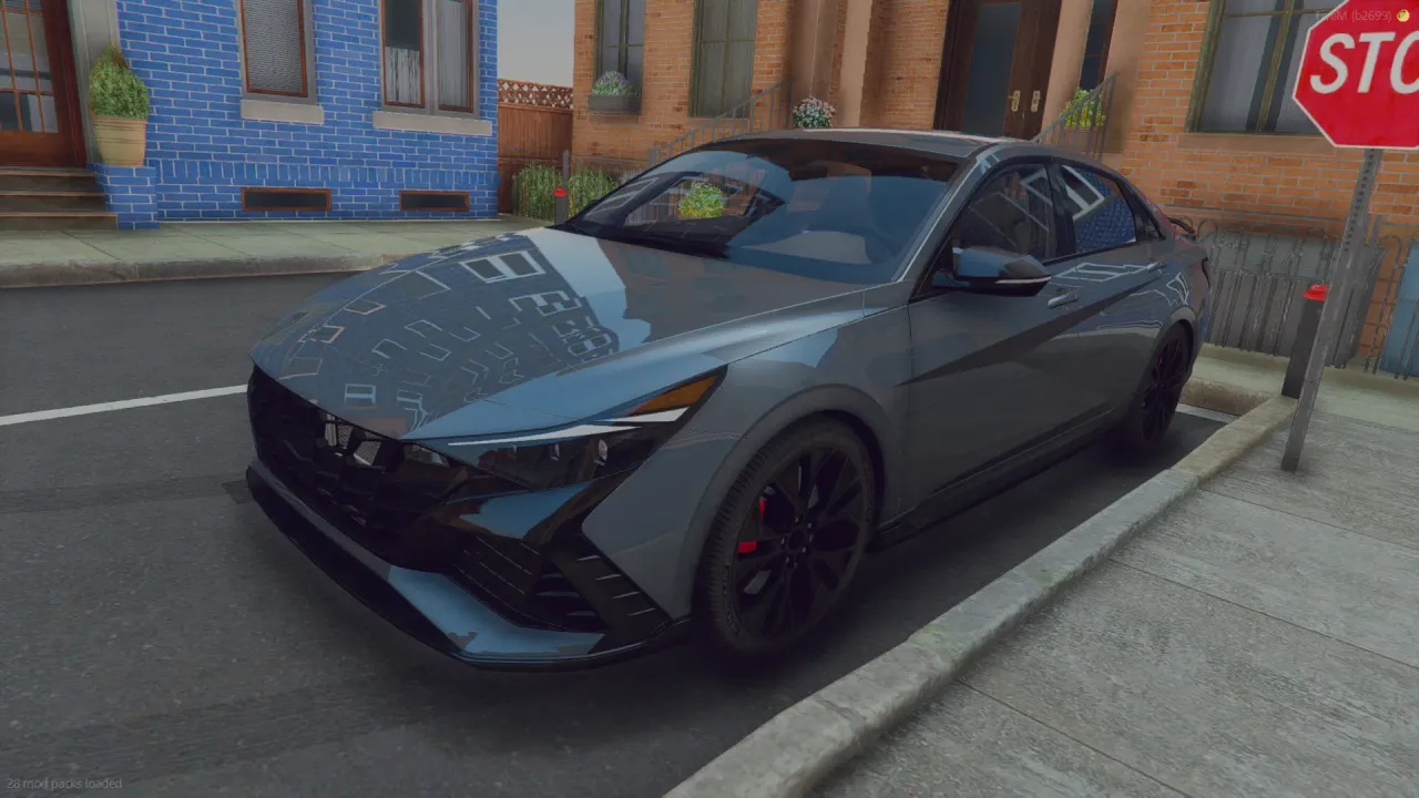 Hyundai Elantra N 2022 FiveM sedan in grey with black wheels and red calipers, front three-quarter by a stop sign