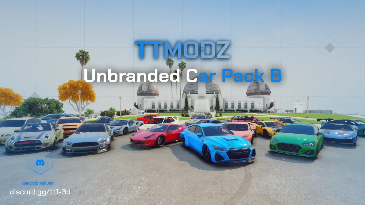 Unbranded Car Pack B cover, a fivem supercar pack grid of blue, red and green cars at a domed observatory