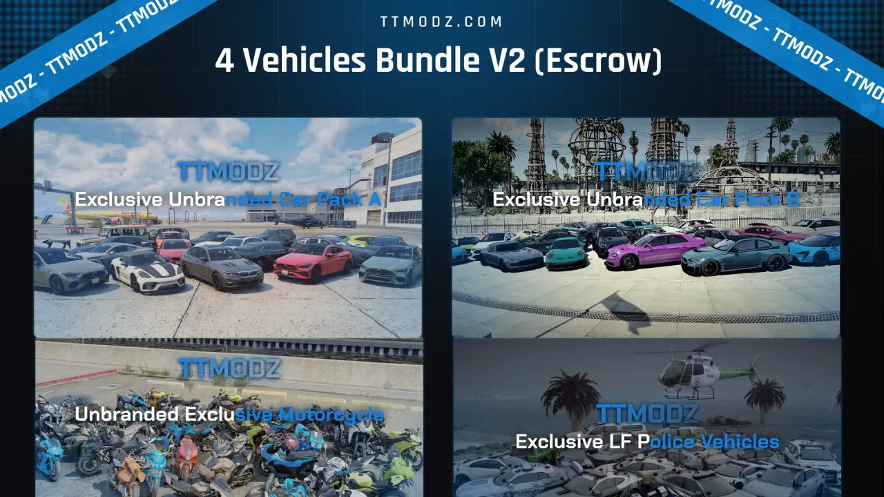 4 Vehicles Bundle V2 cover, a FiveM emergency vehicle bundle grid of car, motorcycle and police pack tiles