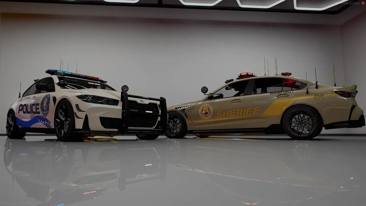 Ubermacht Sentinel GTS FiveM police cars in white and blue Police and tan Sheriff liveries with push bar in a garage