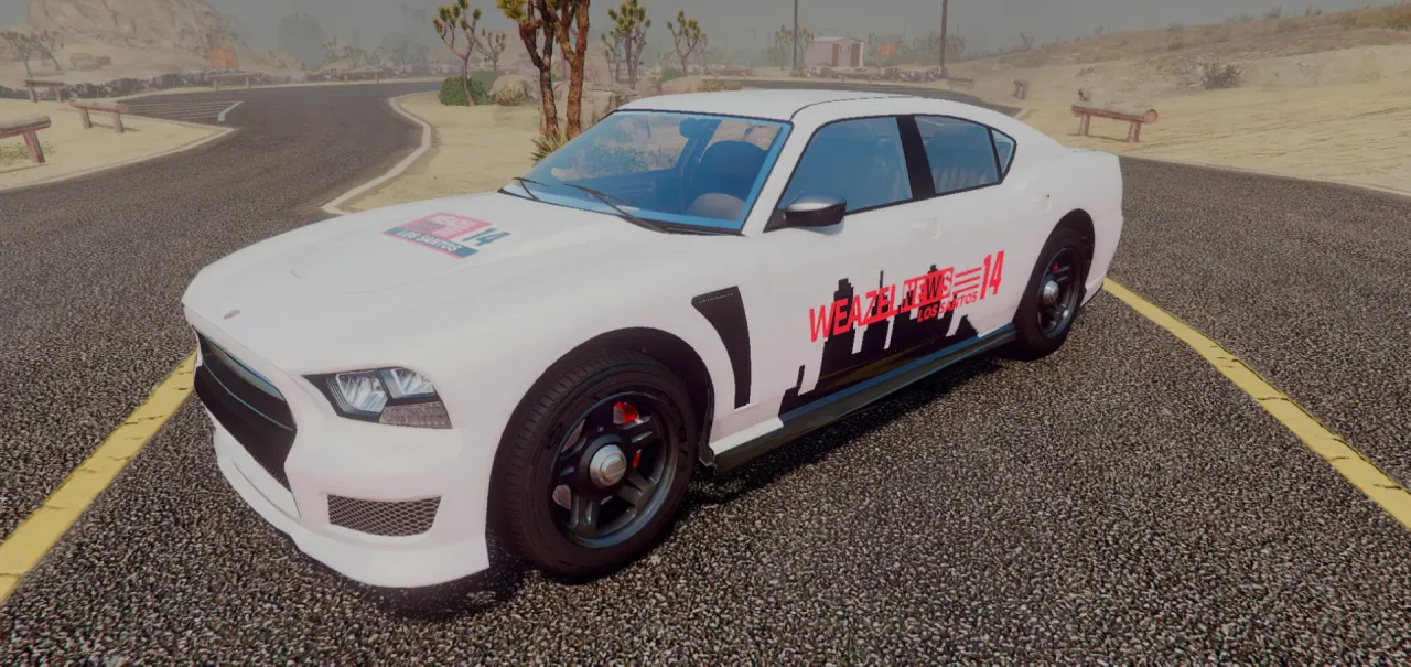 Weazel Buffalo in white news livery with red lettering on the doors, front three-quarter on a FiveM desert road