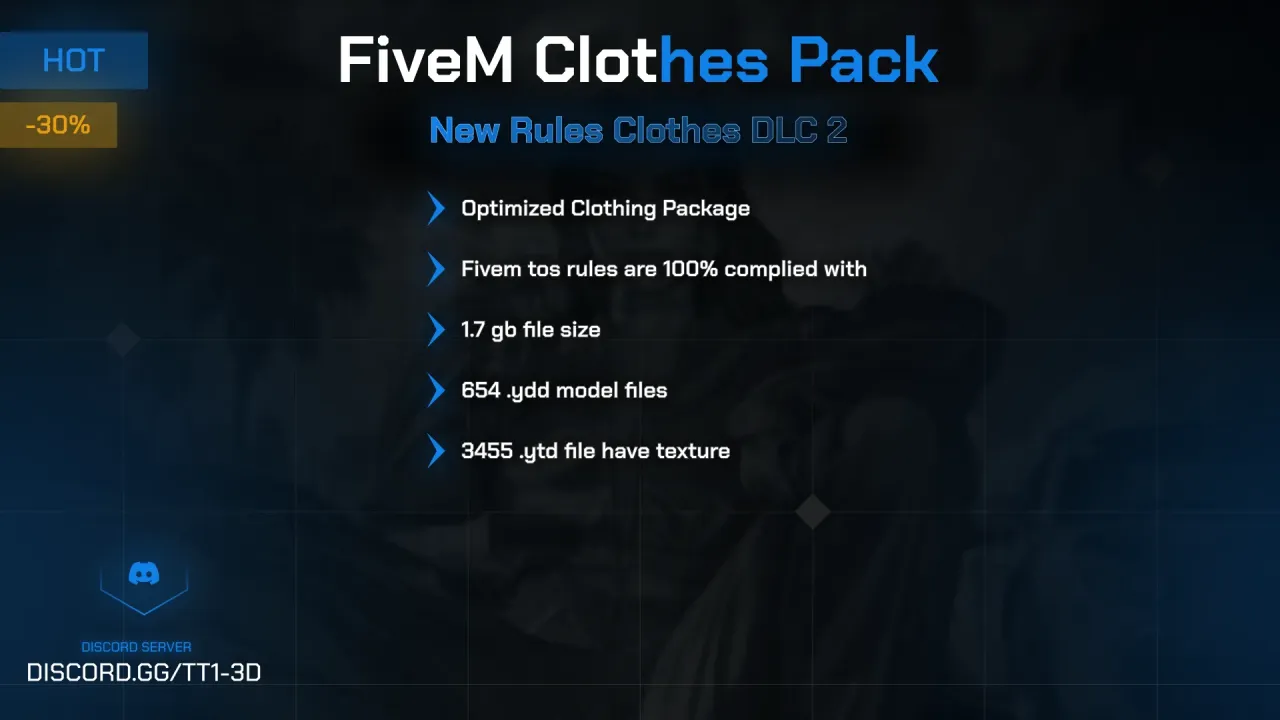 Clothes Dlc 2 cover listing 1.7 GB, 654 ydd models and 3455 texture files, a custom clothing set for FiveM