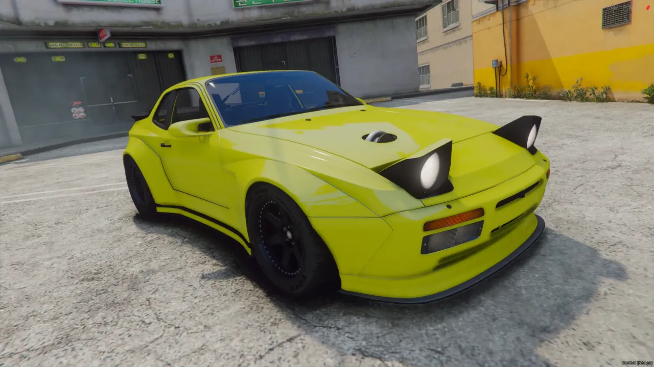 Porsche 948 2023 FiveM car in lime yellow with pop-up headlights raised, front three-quarter in a city lot