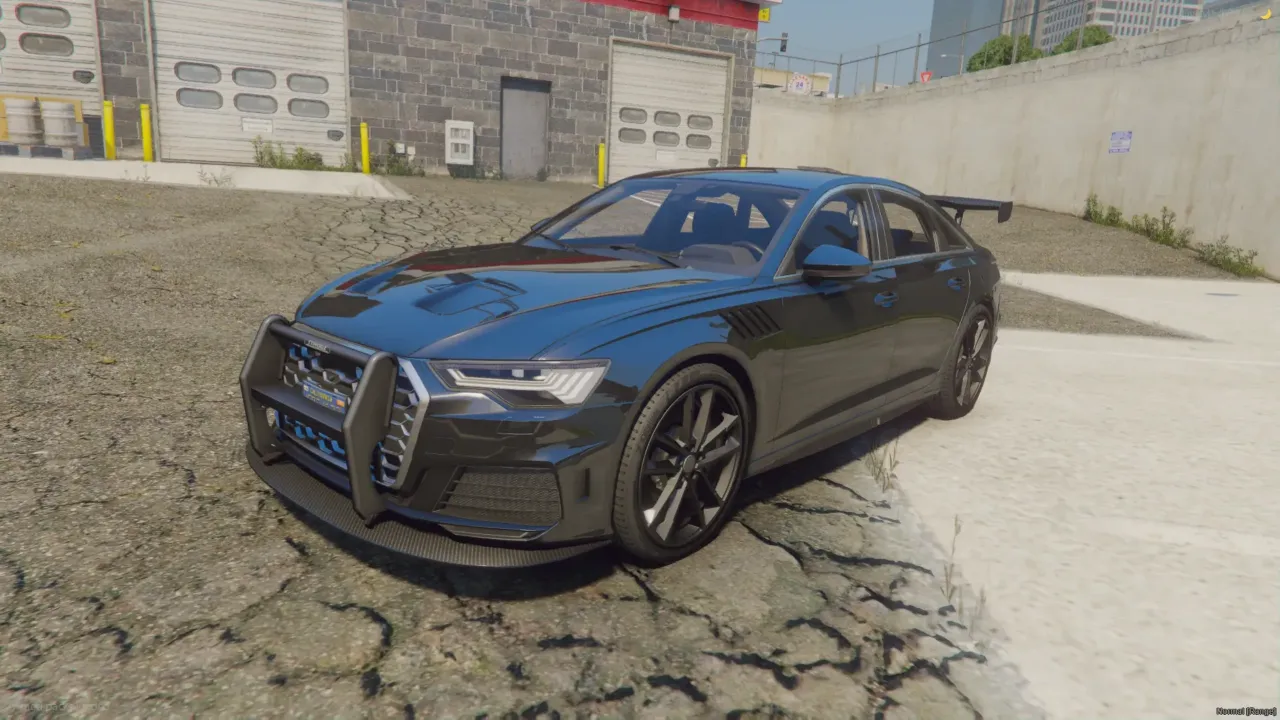 Audi A6 55 TFSI 2022 FiveM pit car in black with a front push bar, front three-quarter in a warehouse lot