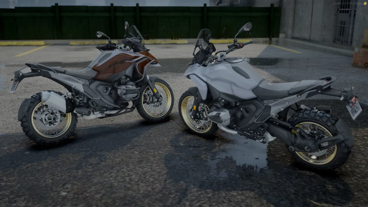 BMW R 1300 GS (2024) side profile of bronze and light grey bikes with knobby tires on a wet parking lot