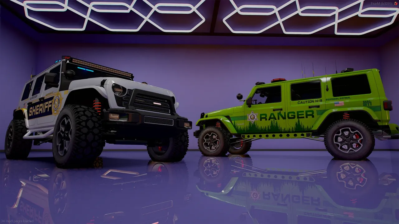 Canis Terminus FiveM police off-roaders in white sheriff and lime green Ranger liveries in a purple garage