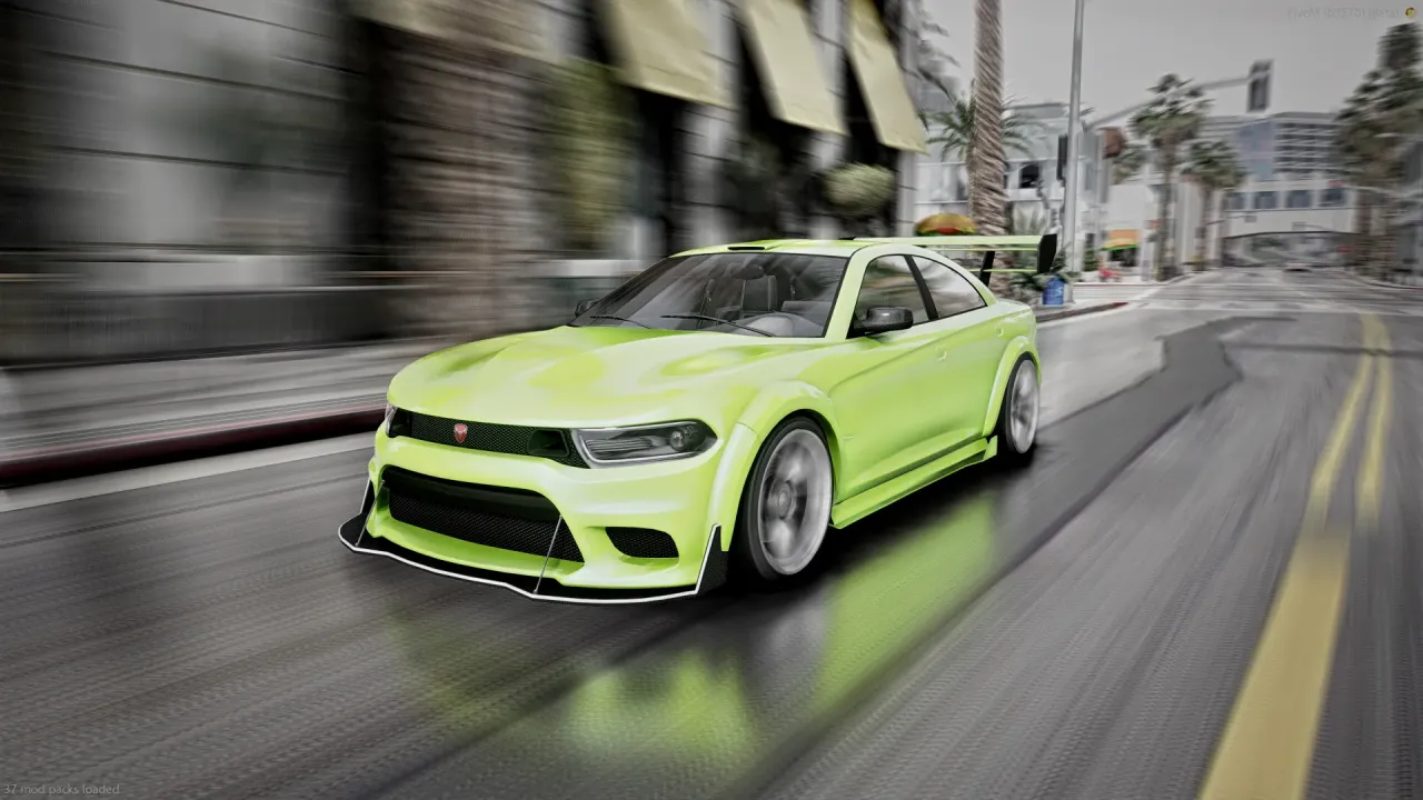 Buffalo TTX in lime green driving down a city street with motion blur, front three-quarter view