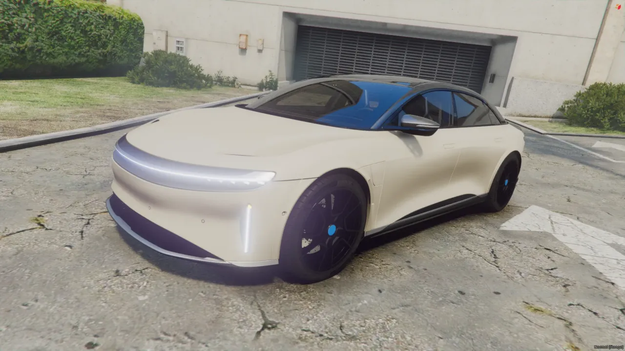 Lucid Air 2024 FiveM sedan in pearl white with a full-width front light strip, front three-quarter by a garage door